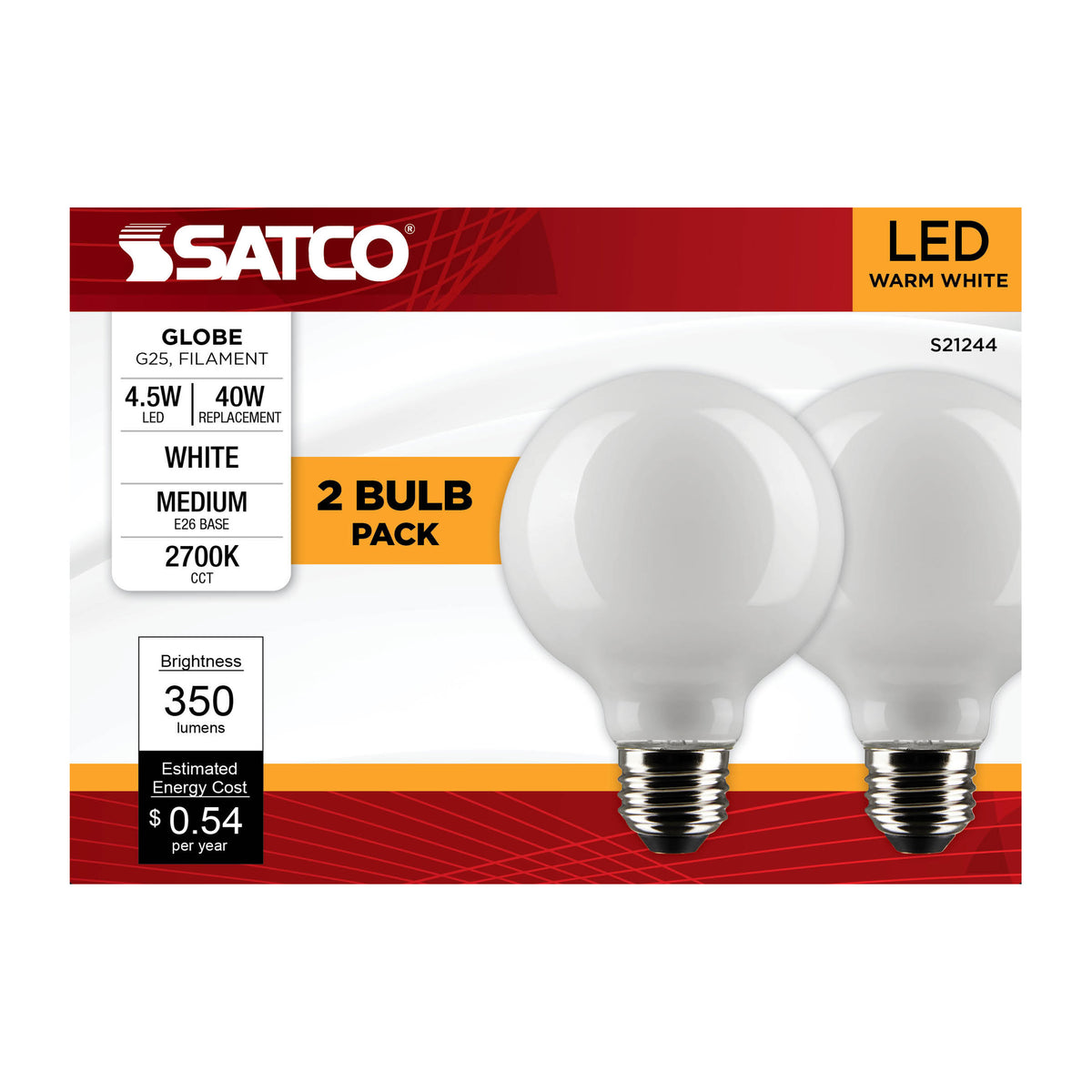 4.5 Watt G25 LED Filament - White - Medium base - 90 CRI - 2700K - 120 Volt - 2 Pack
