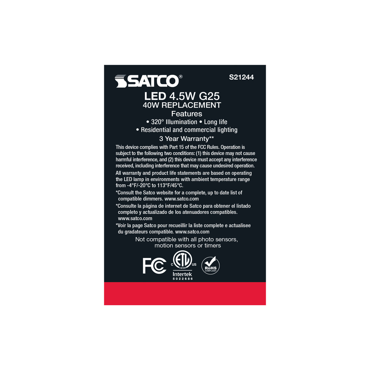 4.5 Watt G25 LED Filament - White - Medium base - 90 CRI - 2700K - 120 Volt - 2 Pack