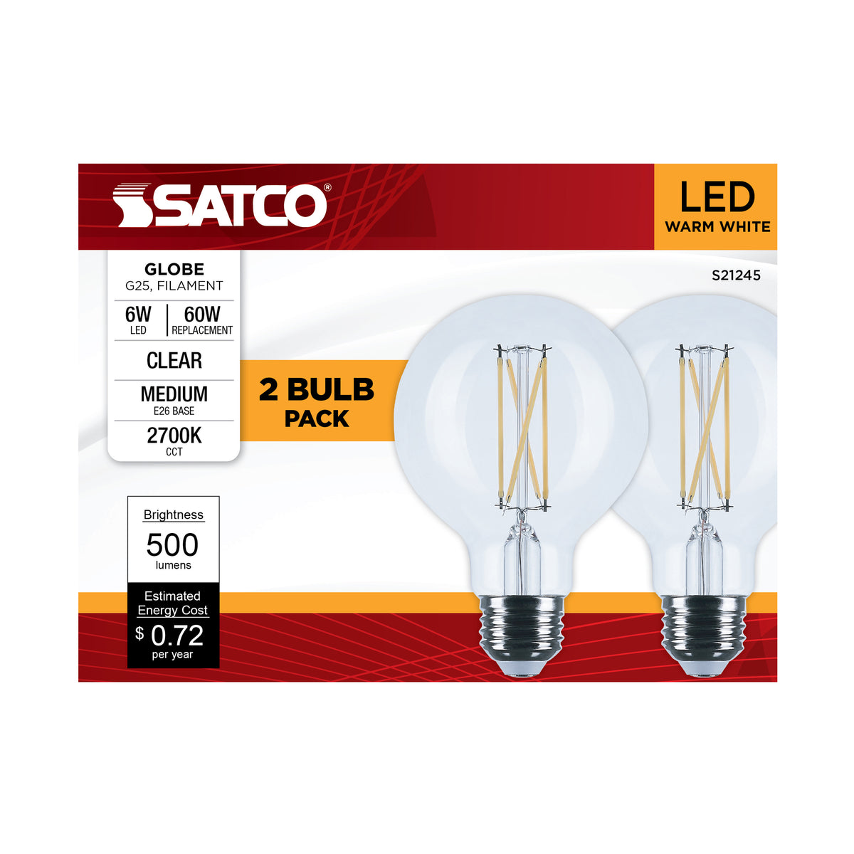 6 Watt G25 LED Filament - Clear - Medium base - 90 CRI - 2700K - 120 Volt - 2 Pack