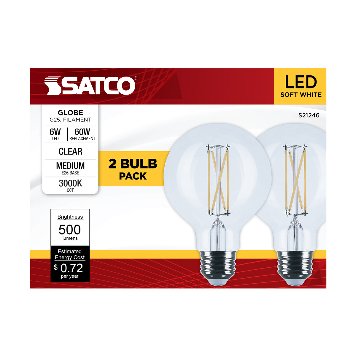 6 Watt G25 LED Filament - Clear - Medium base - 90 CRI - 3000K - 120 Volt - 2 Pack