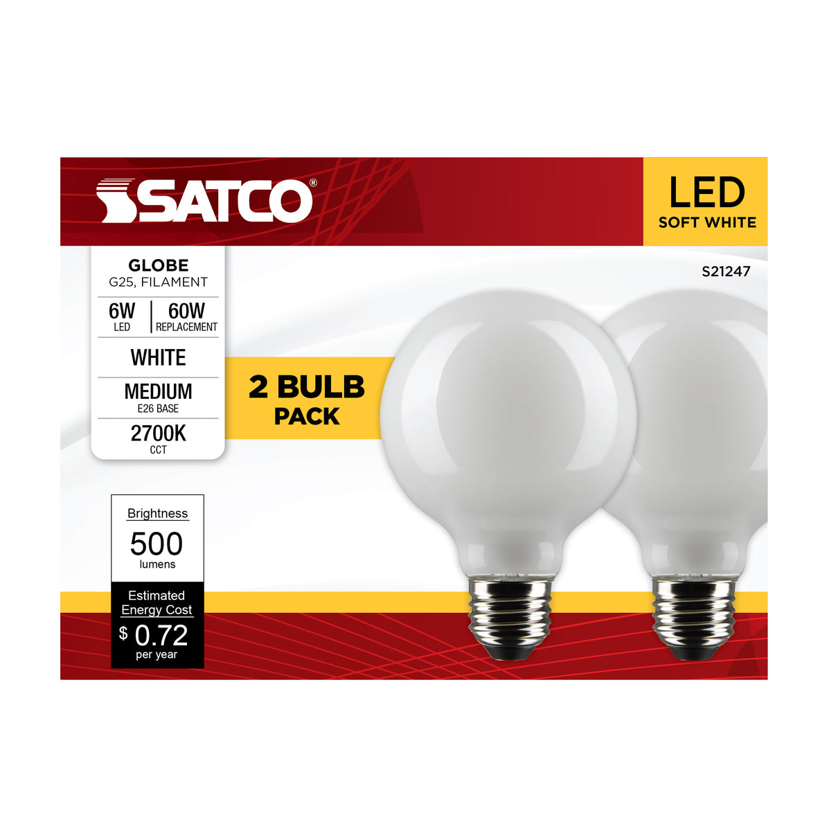 6 Watt G25 LED Filament - White - Medium base - 90 CRI - 2700K - 120 Volt - 2 Pack