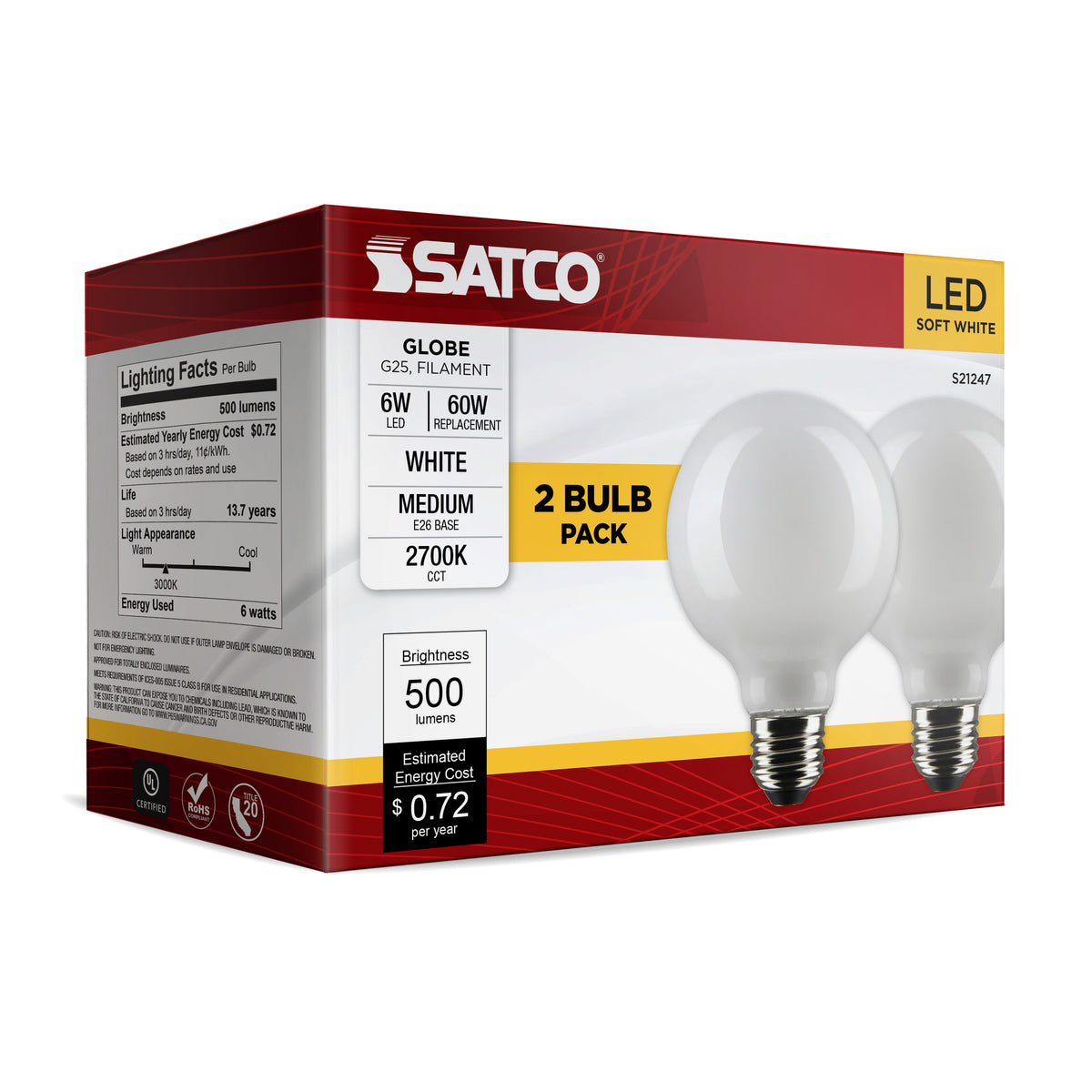 6 Watt G25 LED Filament - White - Medium base - 90 CRI - 2700K - 120 Volt - 2 Pack