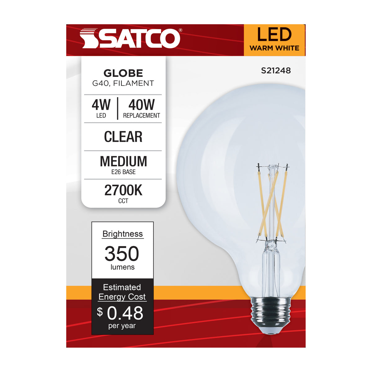 4 Watt G40 LED Filament - Clear - Medium base - 90 CRI - 2700K - 120 Volt