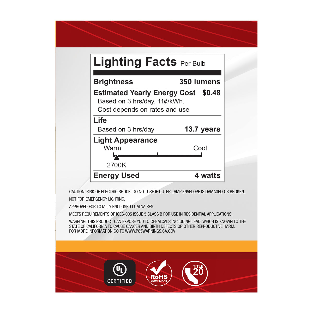 4 Watt G40 LED Filament - Clear - Medium base - 90 CRI - 2700K - 120 Volt