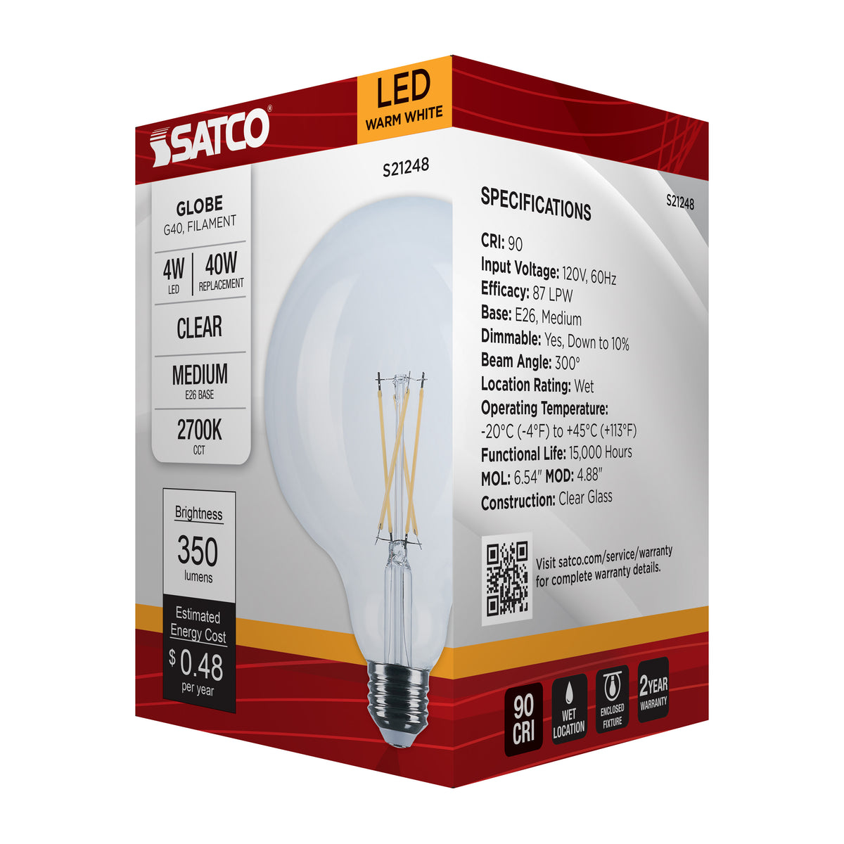 4 Watt G40 LED Filament - Clear - Medium base - 90 CRI - 2700K - 120 Volt