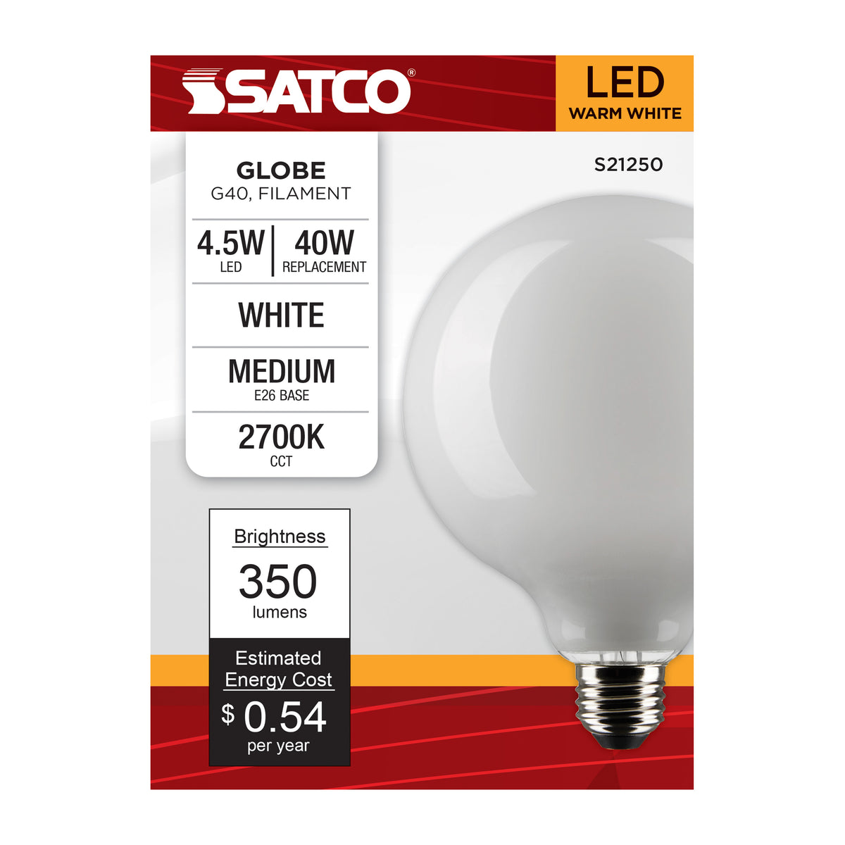 4.5 Watt G40 LED Filament - White - Medium base - 90 CRI - 2700K - 120 Volt