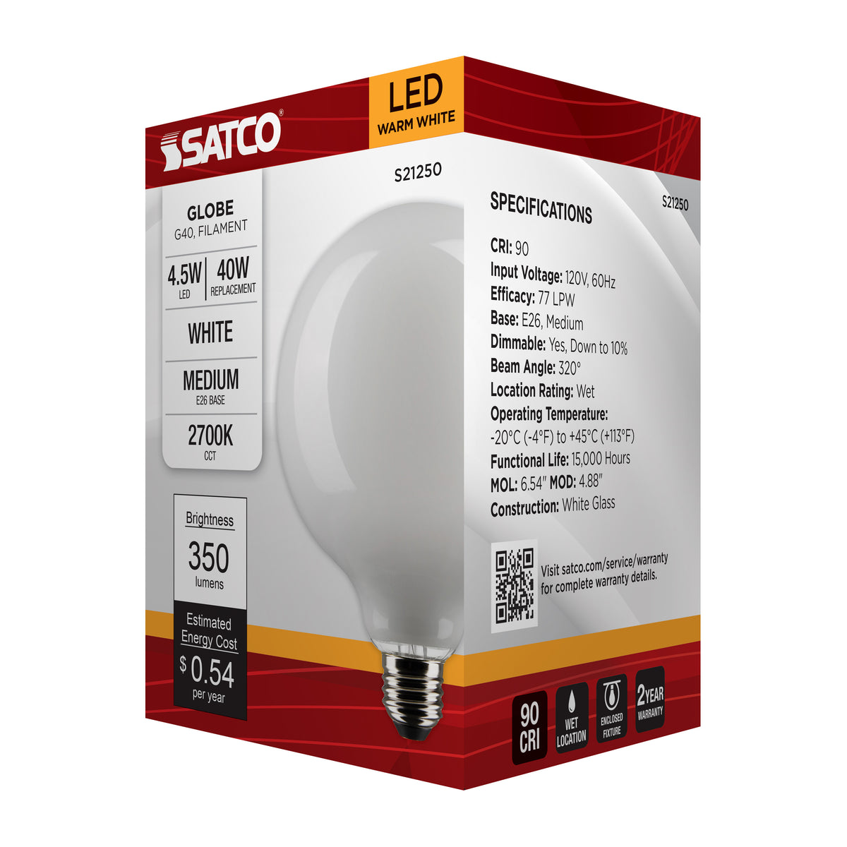 4.5 Watt G40 LED Filament - White - Medium base - 90 CRI - 2700K - 120 Volt