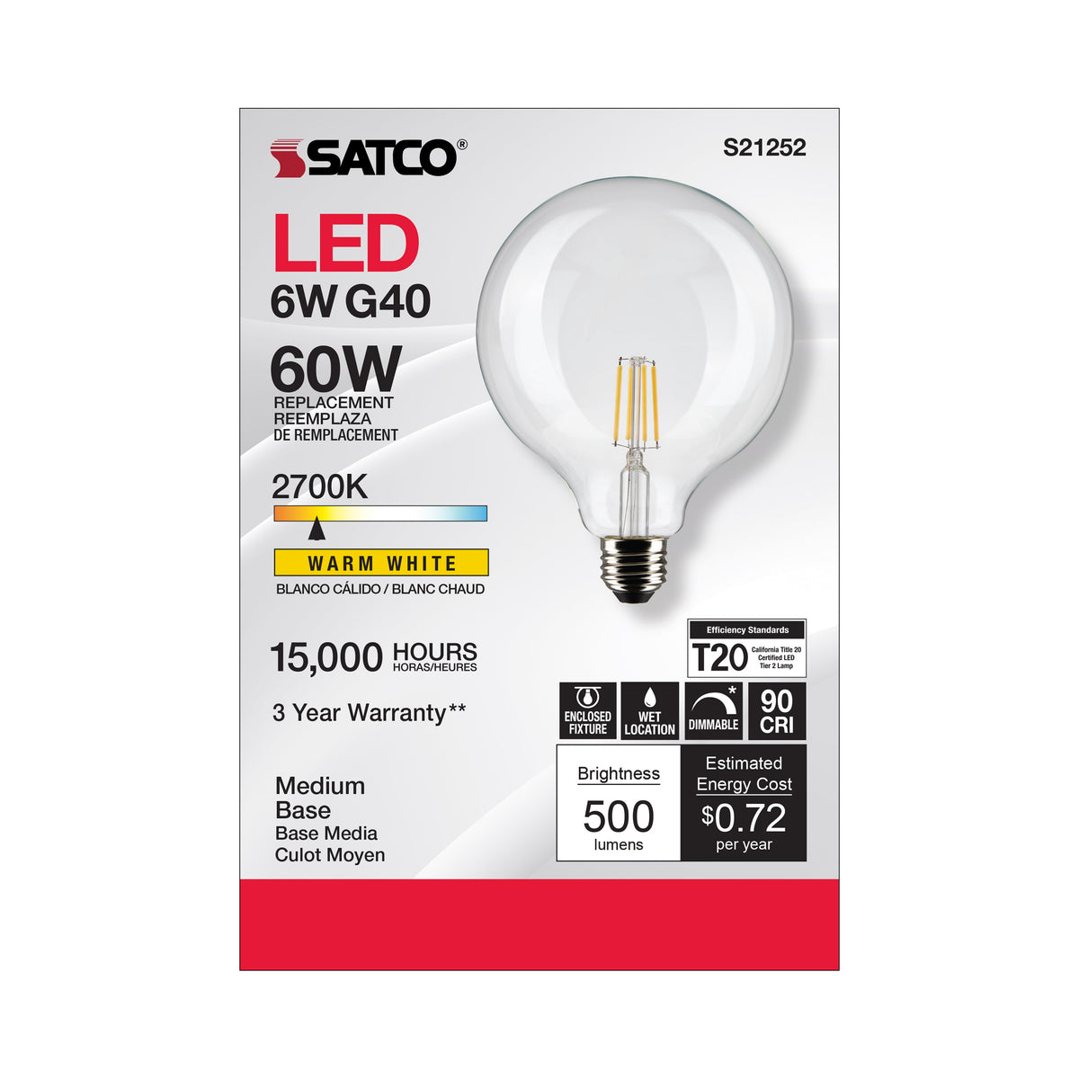 6 Watt G40 LED Filament - Clear - Medium base - 90 CRI - 2700K - 120 Volt