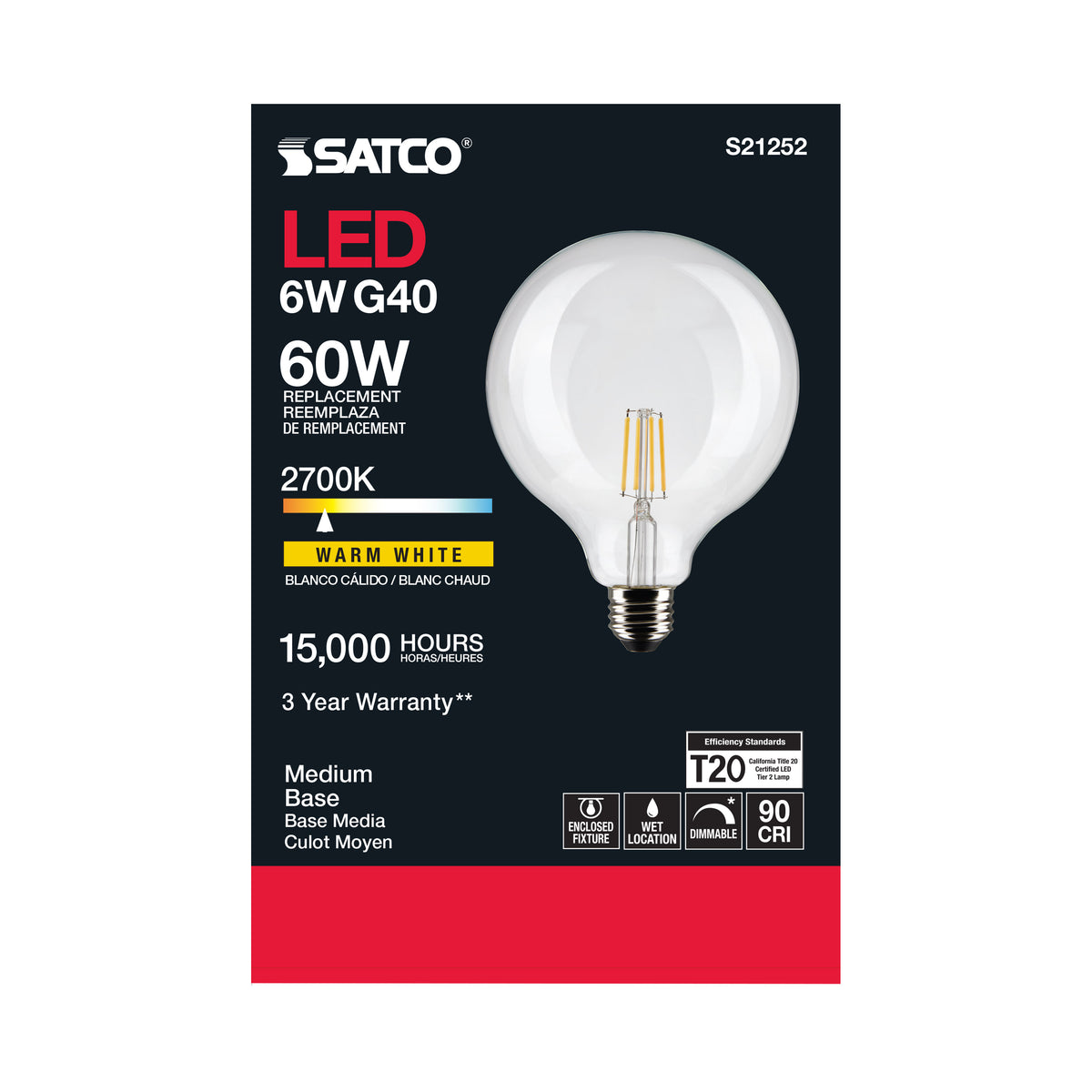 6 Watt G40 LED Filament - Clear - Medium base - 90 CRI - 2700K - 120 Volt