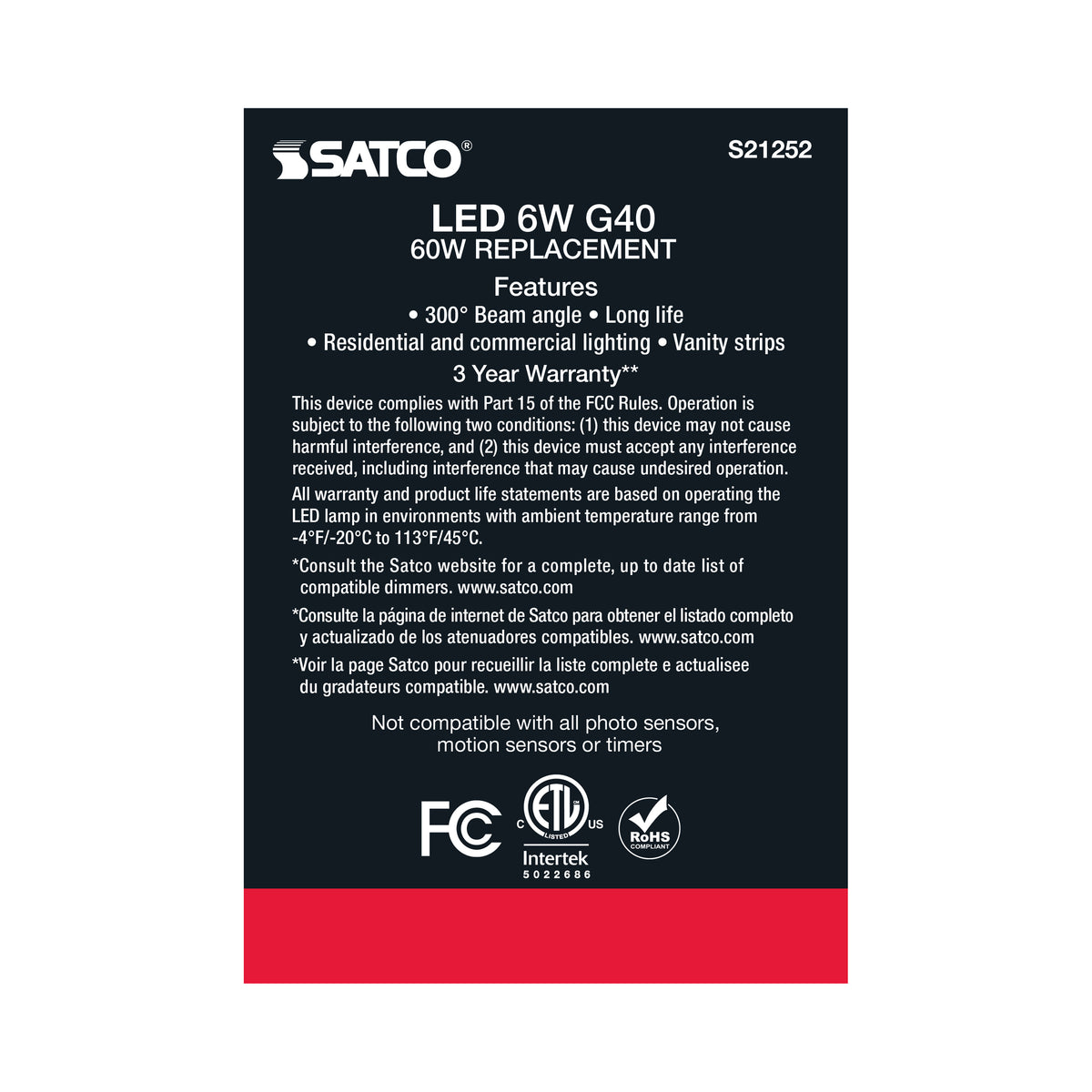 6 Watt G40 LED Filament - Clear - Medium base - 90 CRI - 2700K - 120 Volt