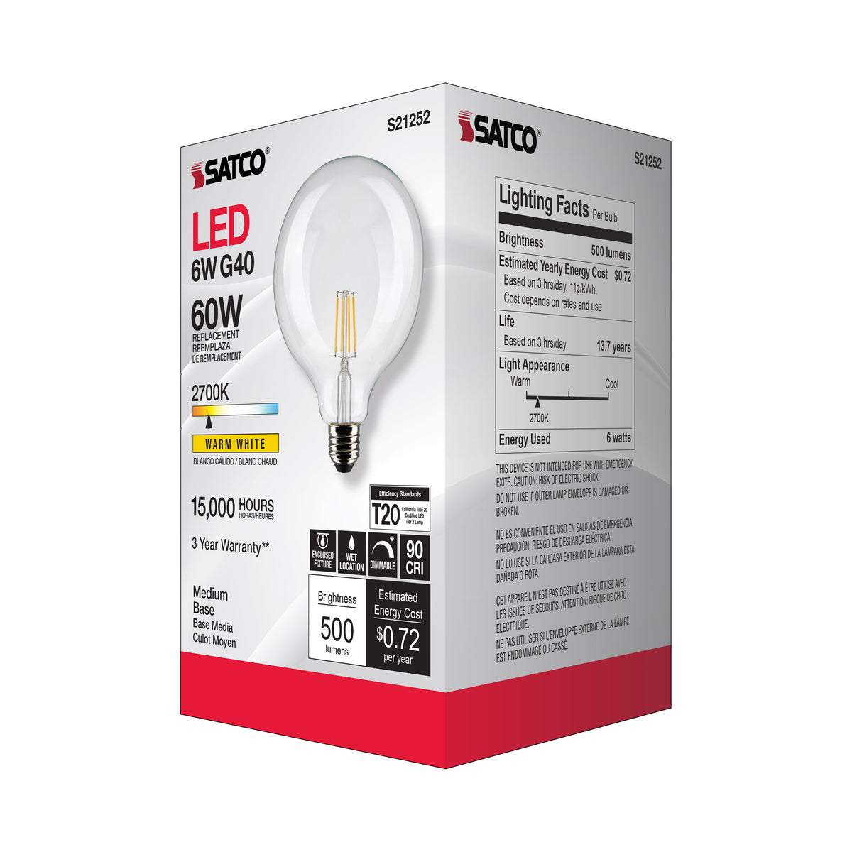 6 Watt G40 LED Filament - Clear - Medium base - 90 CRI - 2700K - 120 Volt