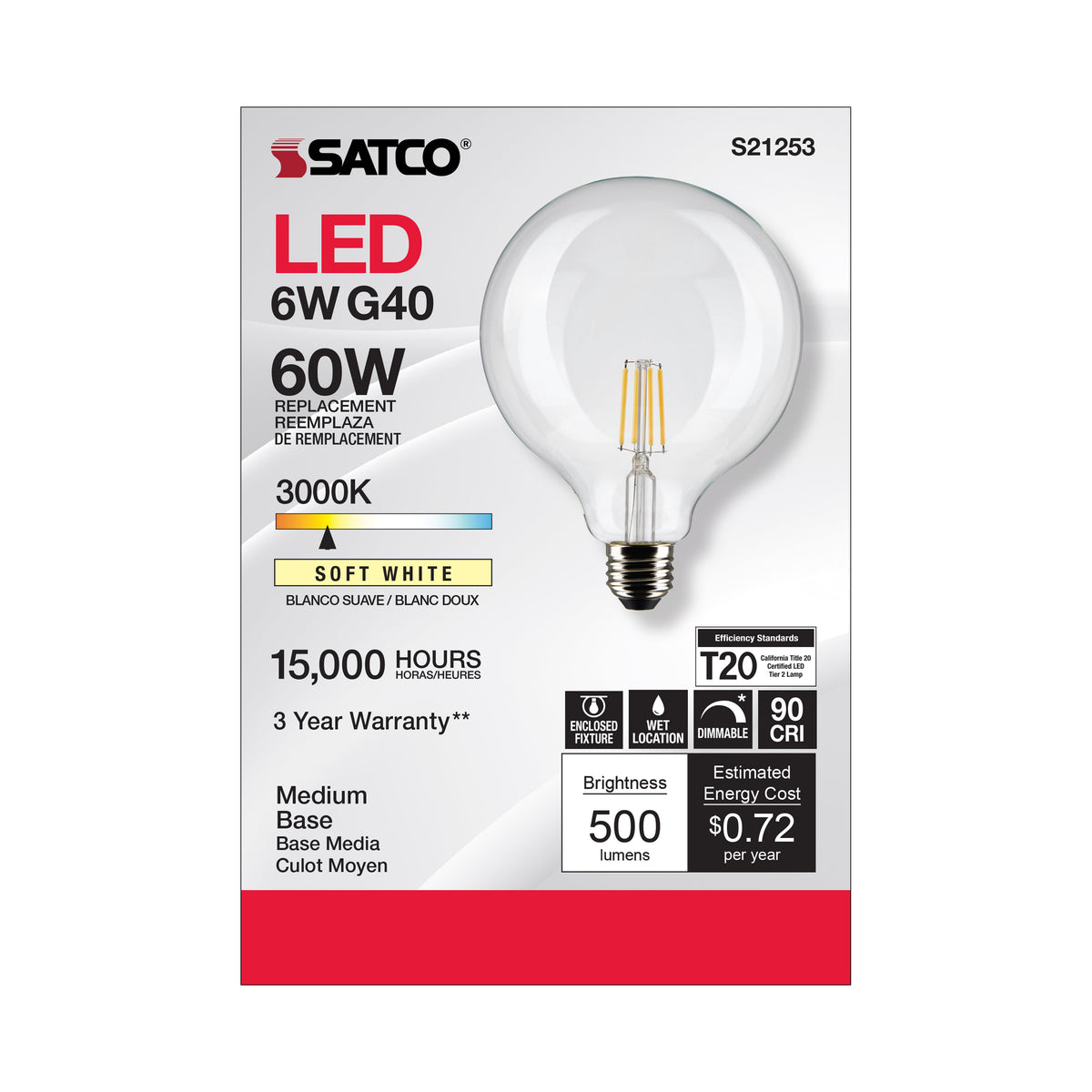 6 Watt G40 LED Filament - Clear - Medium base - 90 CRI - 3000K - 120 Volt