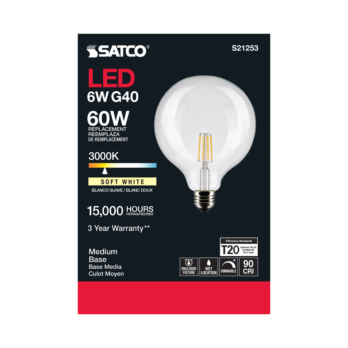 6 Watt G40 LED Filament - Clear - Medium base - 90 CRI - 3000K - 120 Volt