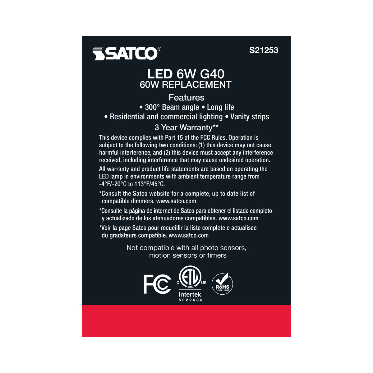 6 Watt G40 LED Filament - Clear - Medium base - 90 CRI - 3000K - 120 Volt