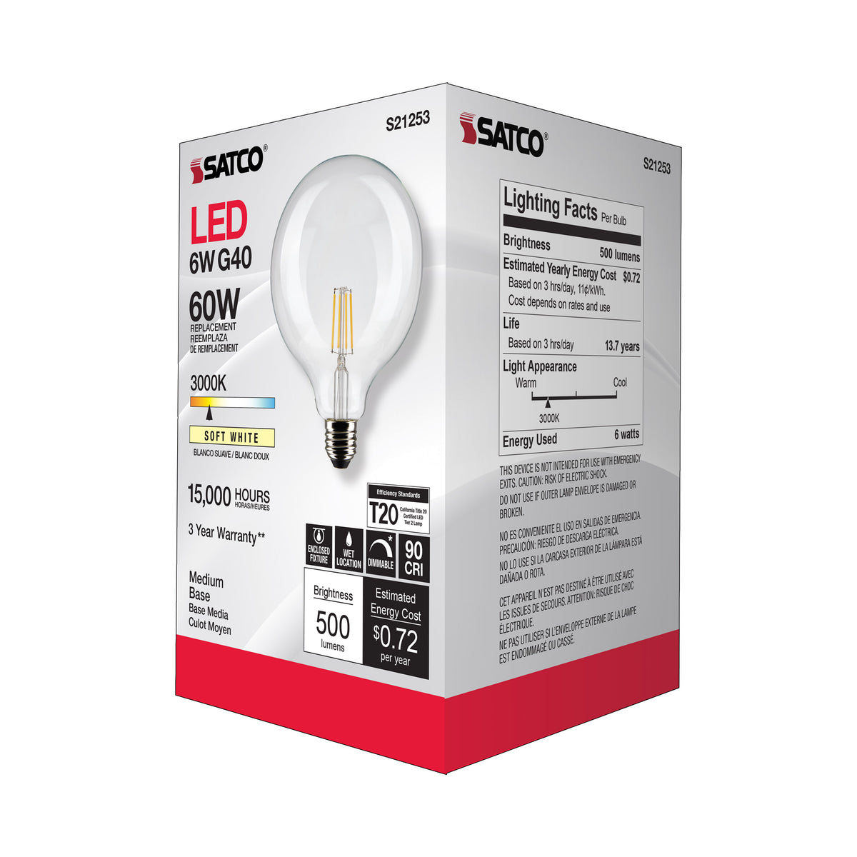 6 Watt G40 LED Filament - Clear - Medium base - 90 CRI - 3000K - 120 Volt