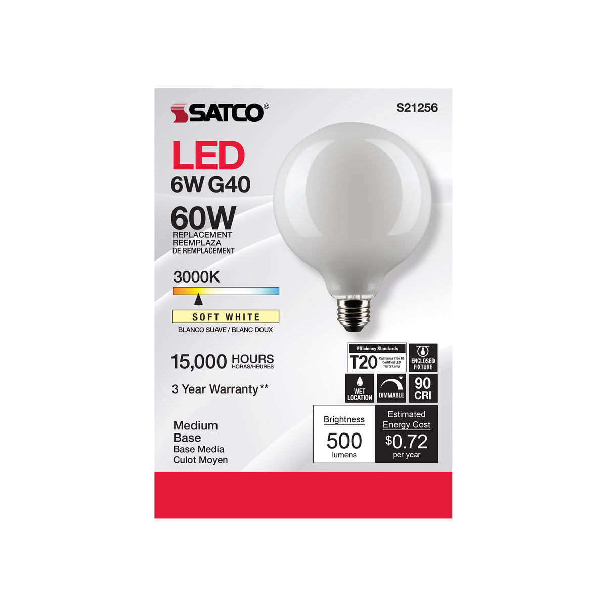 6 Watt G40 LED Filament - White - Medium base - 90 CRI - 3000K - 120 Volt