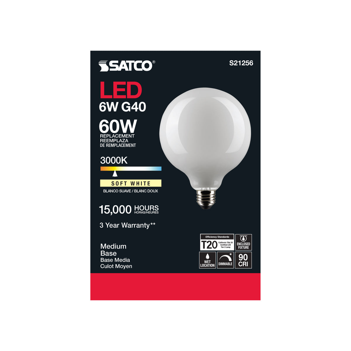 6 Watt G40 LED Filament - White - Medium base - 90 CRI - 3000K - 120 Volt