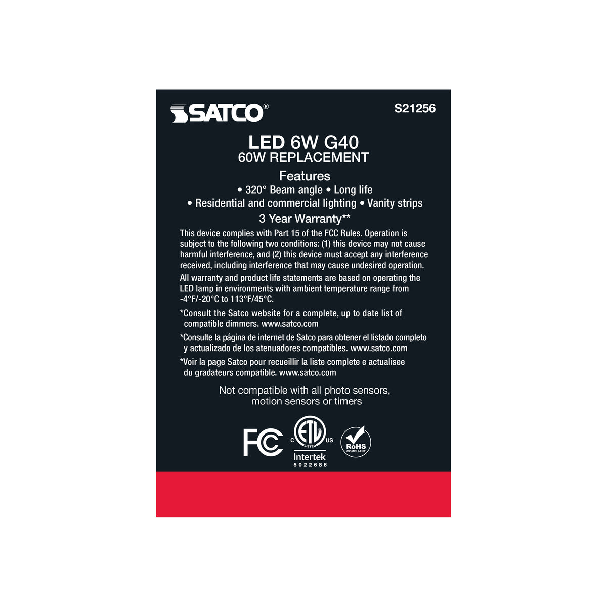 6 Watt G40 LED Filament - White - Medium base - 90 CRI - 3000K - 120 Volt