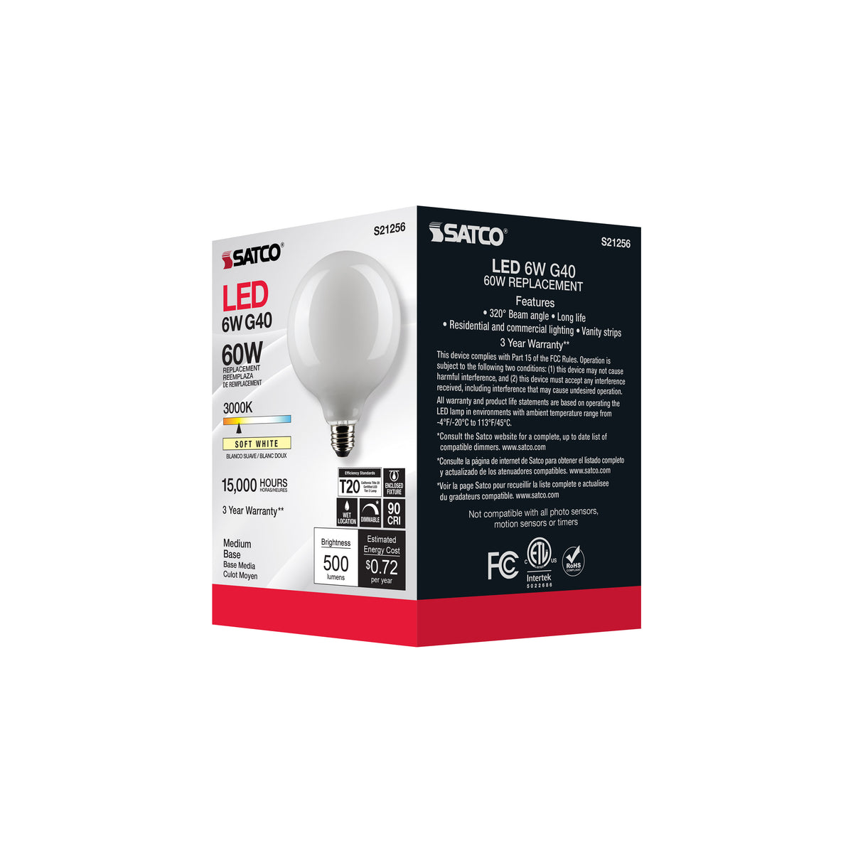6 Watt G40 LED Filament - White - Medium base - 90 CRI - 3000K - 120 Volt