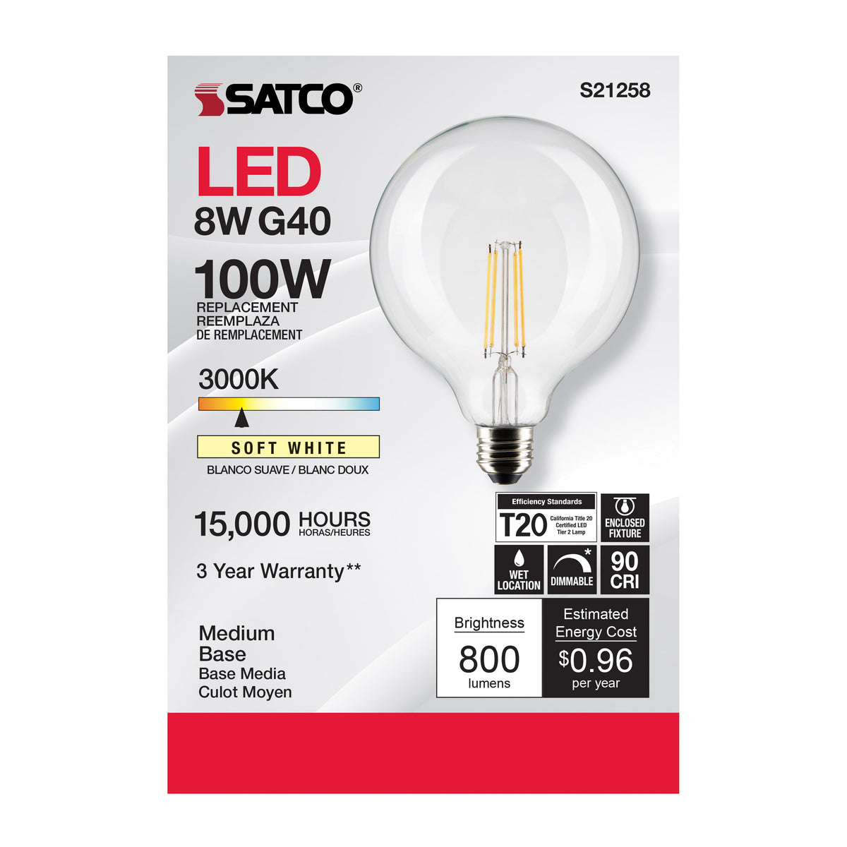 8 Watt G40 LED Filament - Clear - Medium base - 90 CRI - 3000K - 120 Volt