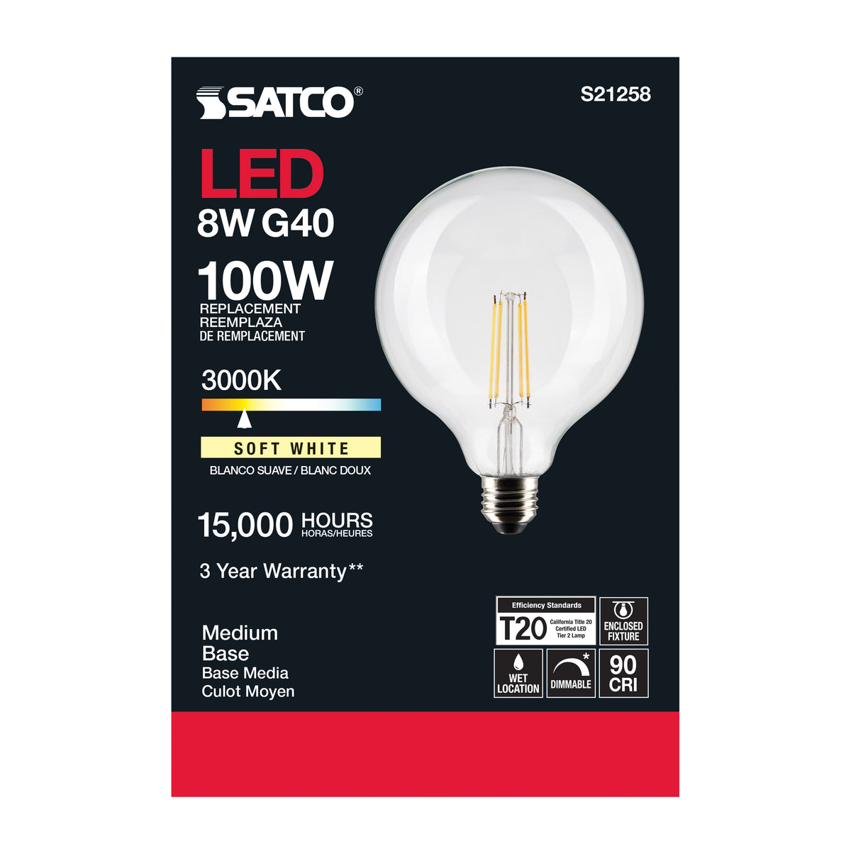 8 Watt G40 LED Filament - Clear - Medium base - 90 CRI - 3000K - 120 Volt