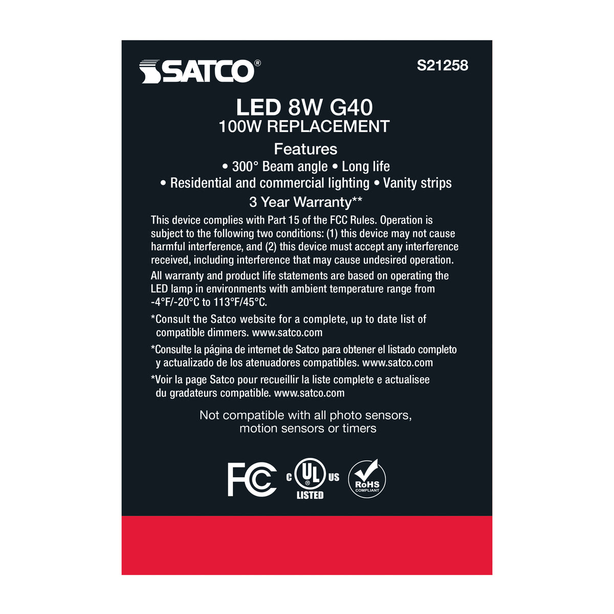 8 Watt G40 LED Filament - Clear - Medium base - 90 CRI - 3000K - 120 Volt