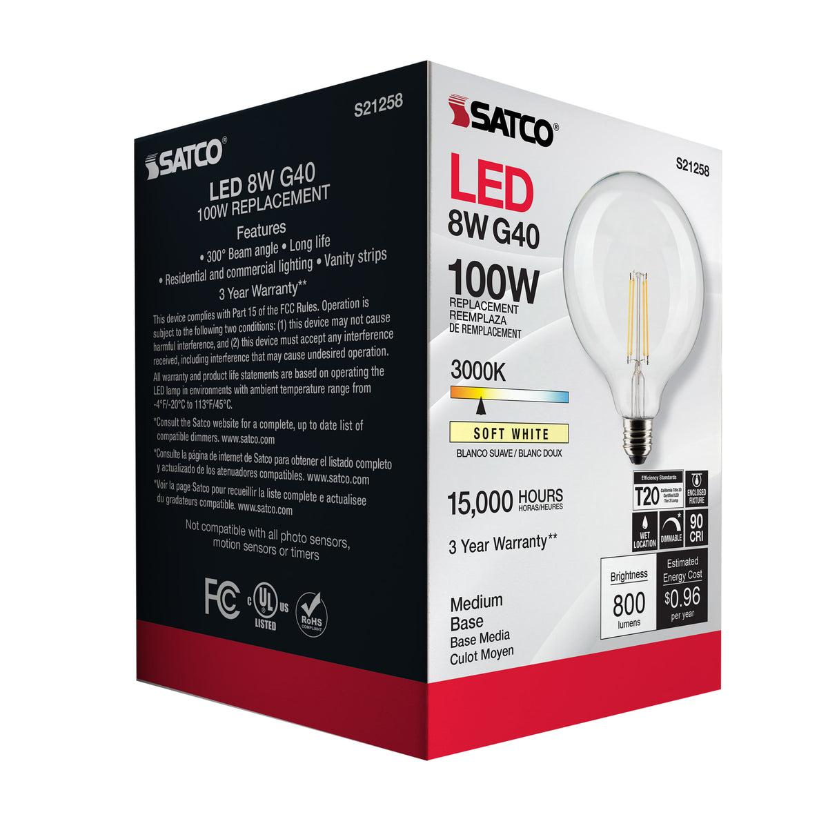 8 Watt G40 LED Filament - Clear - Medium base - 90 CRI - 3000K - 120 Volt