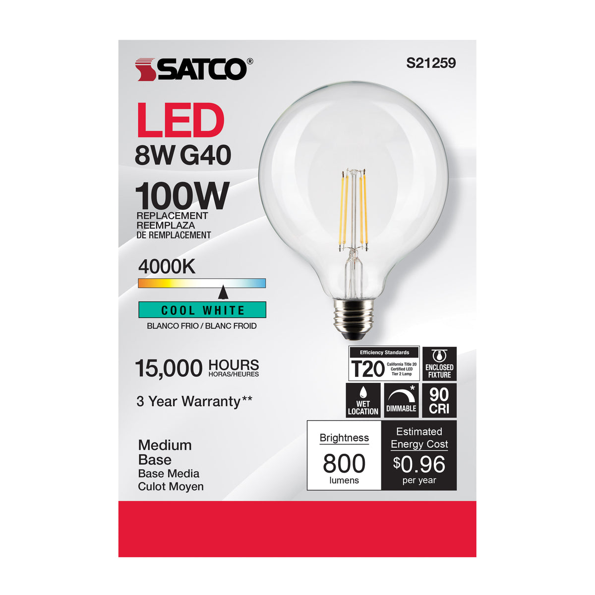8 Watt G40 LED Filament - Clear - Medium base - 90 CRI - 4000K - 120 Volt