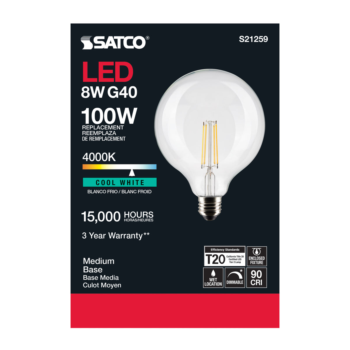 8 Watt G40 LED Filament - Clear - Medium base - 90 CRI - 4000K - 120 Volt