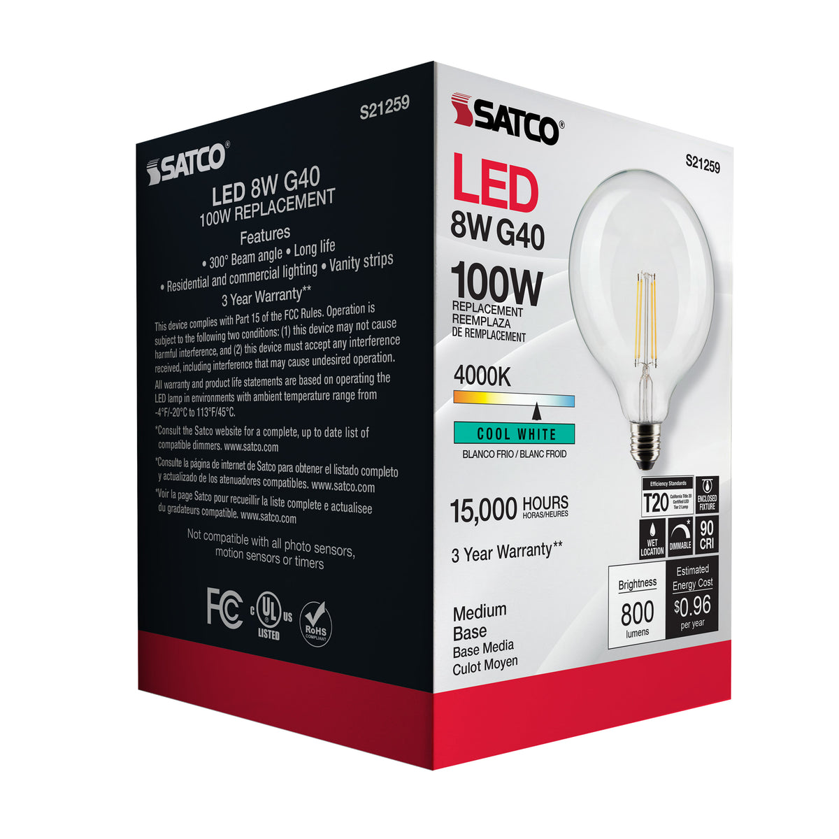 8 Watt G40 LED Filament - Clear - Medium base - 90 CRI - 4000K - 120 Volt
