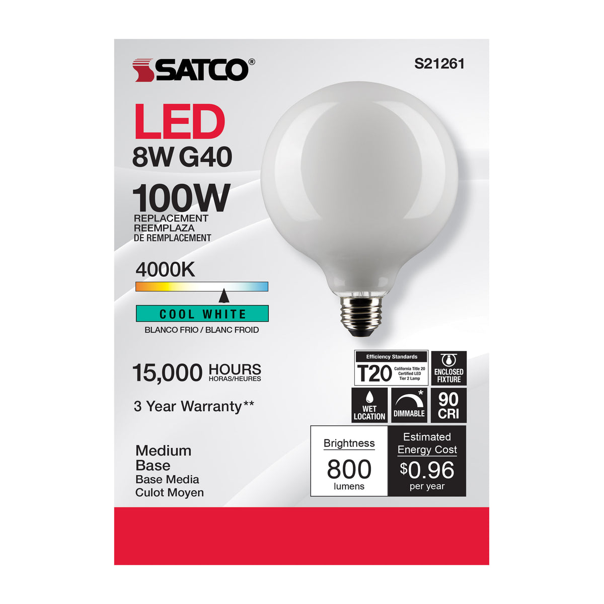 8 Watt G40 LED Filament - White - Medium base - 90 CRI - 4000K - 120 Volt