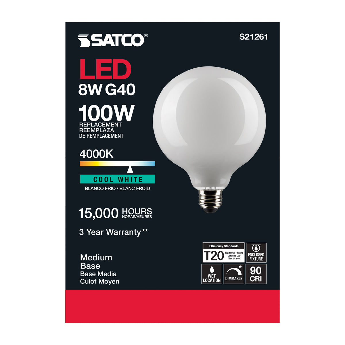 8 Watt G40 LED Filament - White - Medium base - 90 CRI - 4000K - 120 Volt