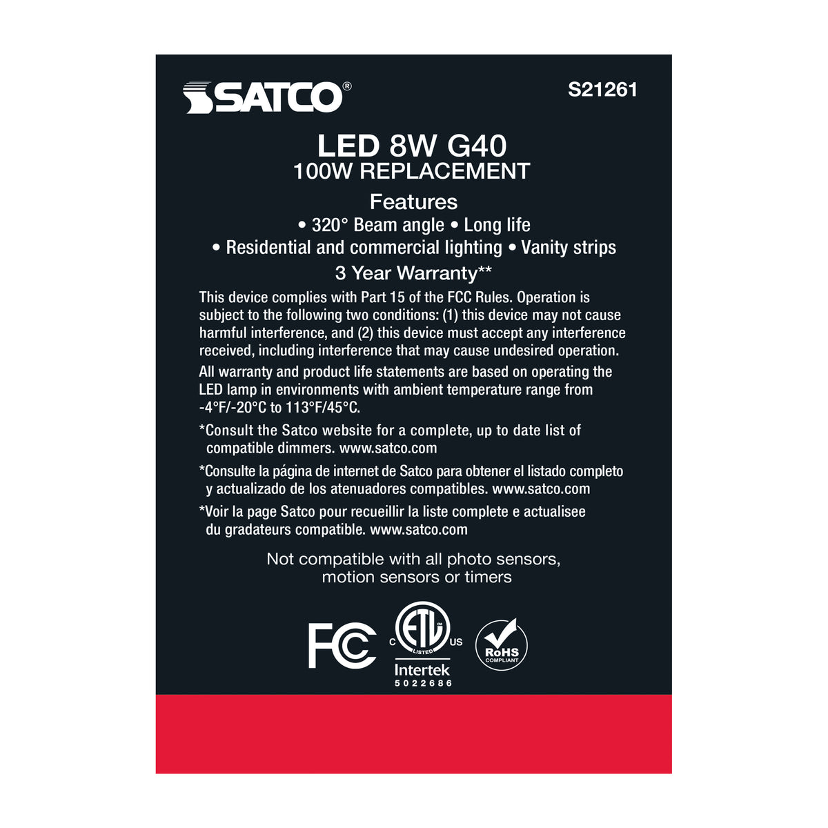 8 Watt G40 LED Filament - White - Medium base - 90 CRI - 4000K - 120 Volt