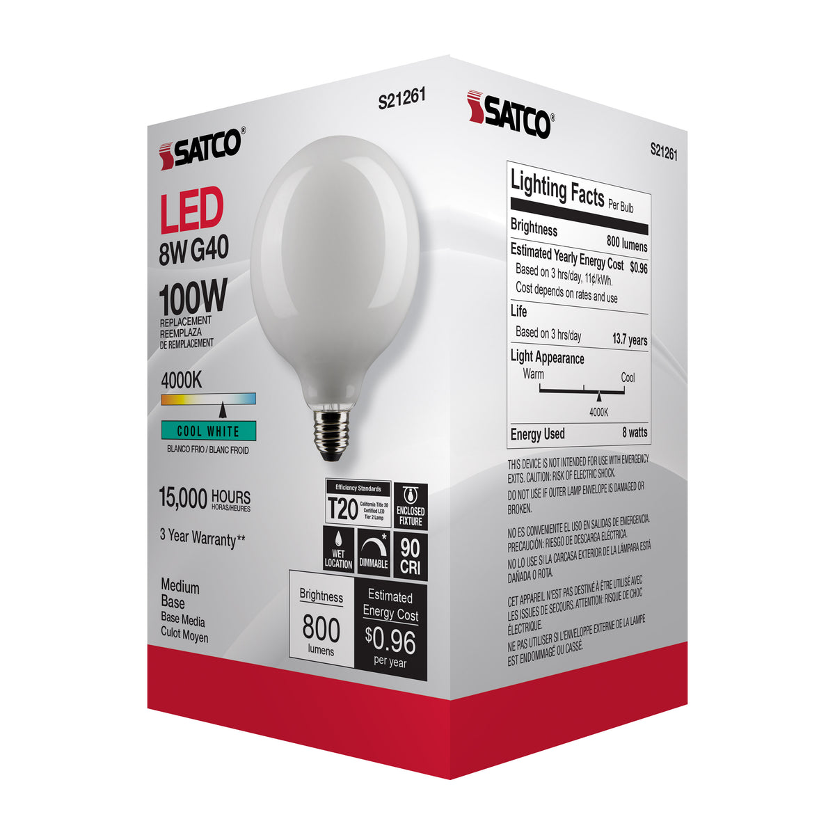 8 Watt G40 LED Filament - White - Medium base - 90 CRI - 4000K - 120 Volt