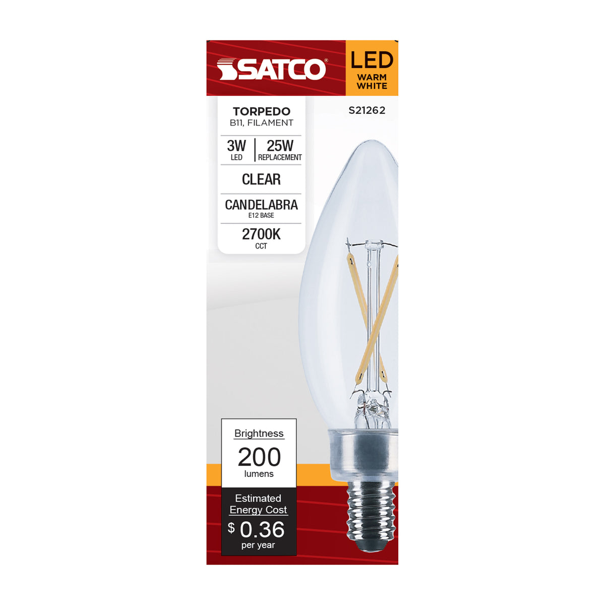 3 Watt B11 LED Filament - Clear - Candelabra base - 90 CRI - 2700K - 120 Volt