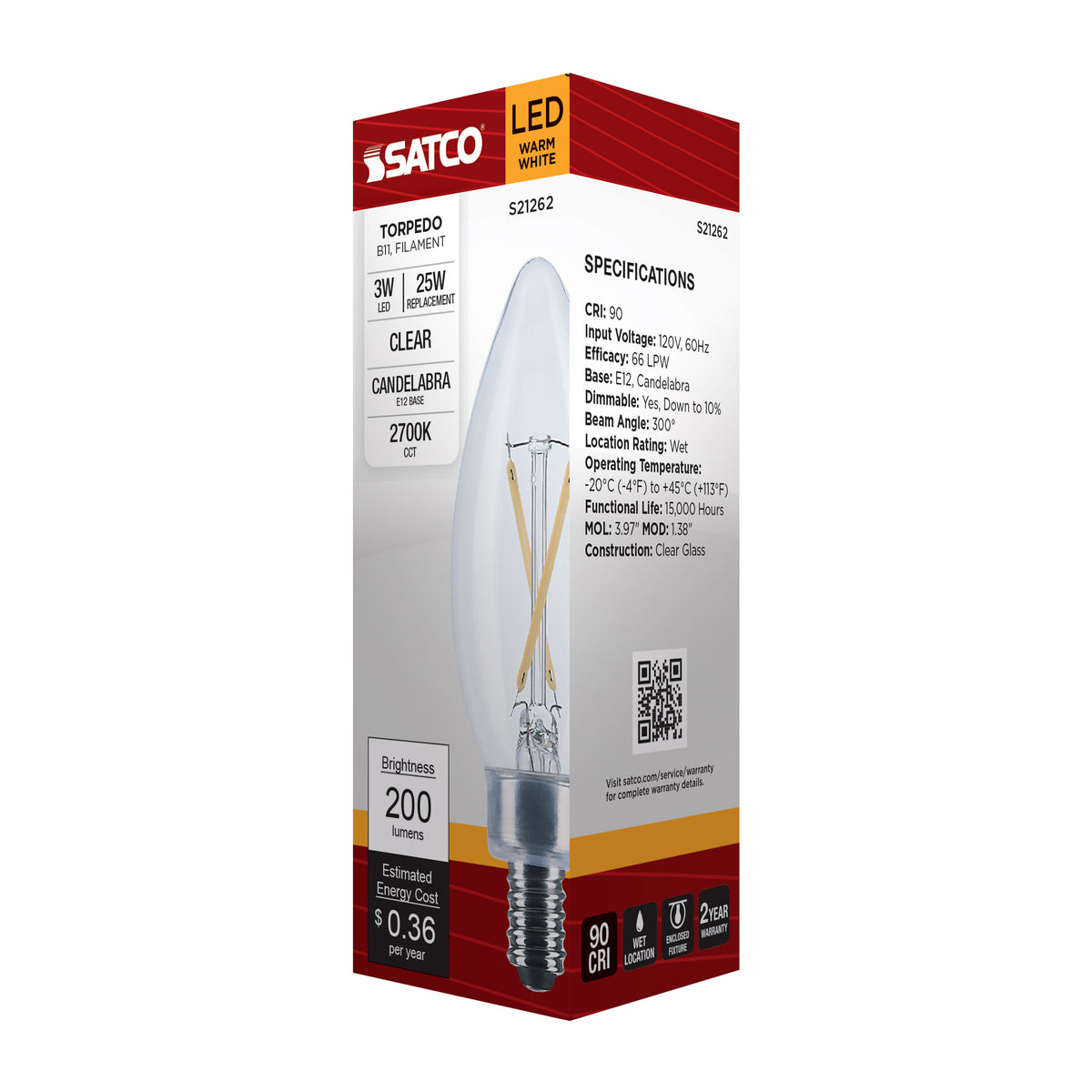 3 Watt B11 LED Filament - Clear - Candelabra base - 90 CRI - 2700K - 120 Volt