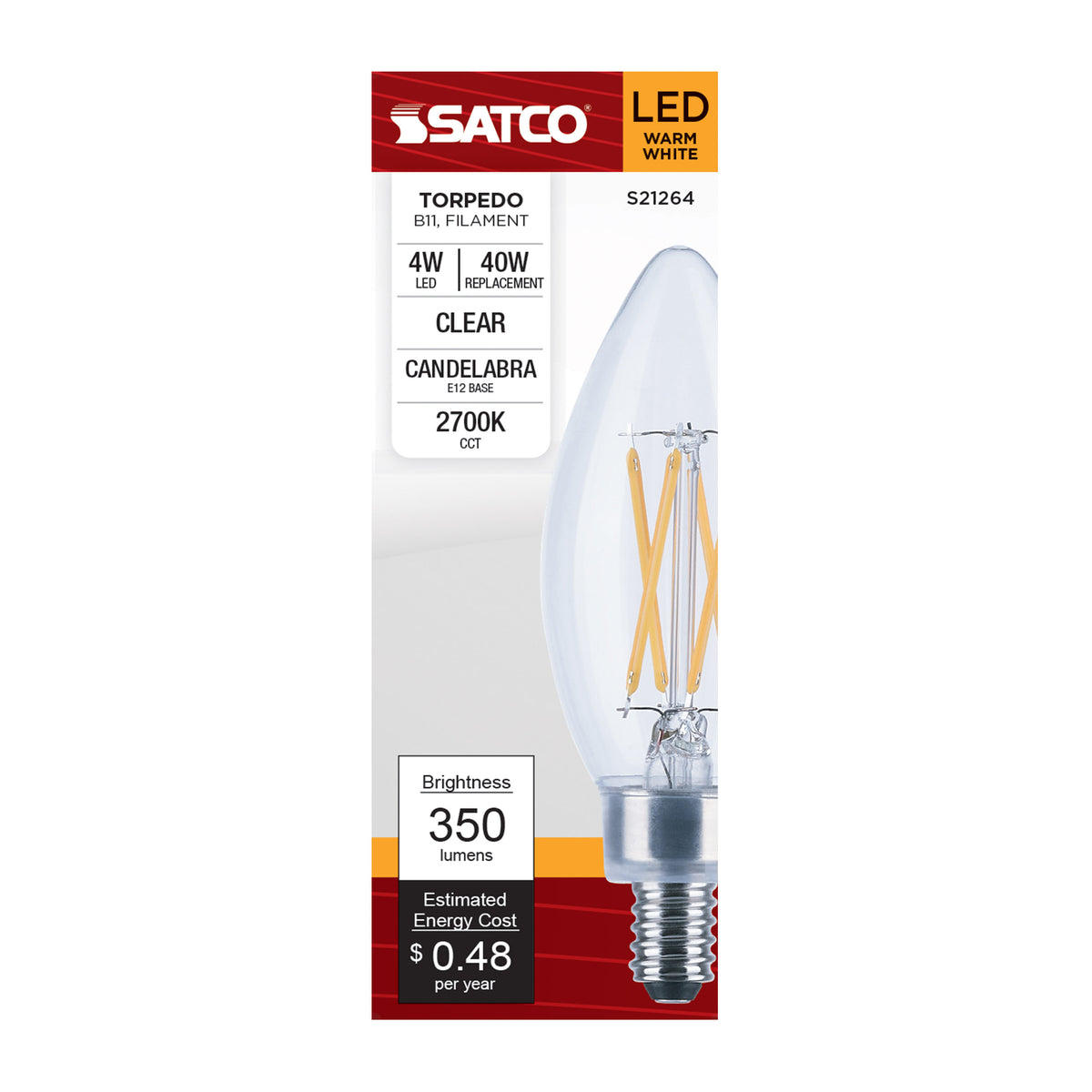 4 Watt B11 LED Filament - Clear - Candelabra base - 90 CRI - 2700K - 120 Volt