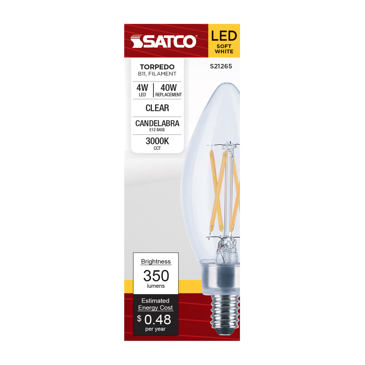 4 Watt B11 LED Filament - Clear - Candelabra base - 90 CRI - 3000K - 120 Volt