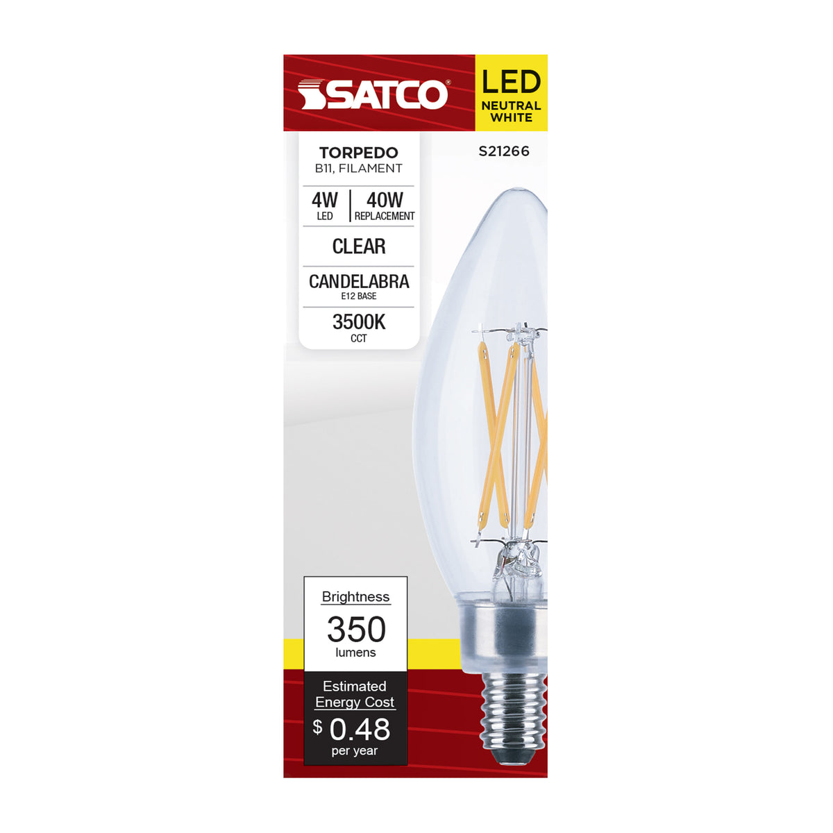 4 Watt B11 LED Filament - Clear - Candelabra base - 90 CRI - 3500K - 120 Volt