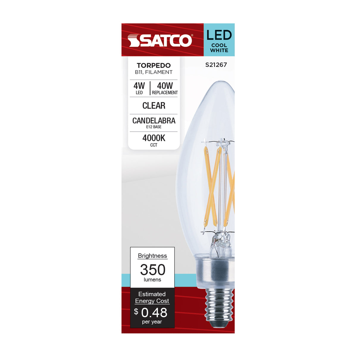 4 Watt B11 LED Filament - Clear - Candelabra base - 90 CRI - 4000K - 120 Volt