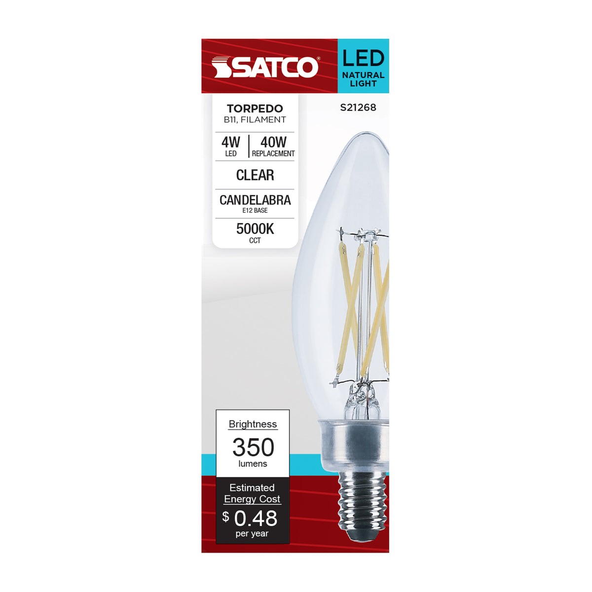 4 Watt B11 LED Filament - Clear - Candelabra base - 90 CRI - 5000K - 120 Volt