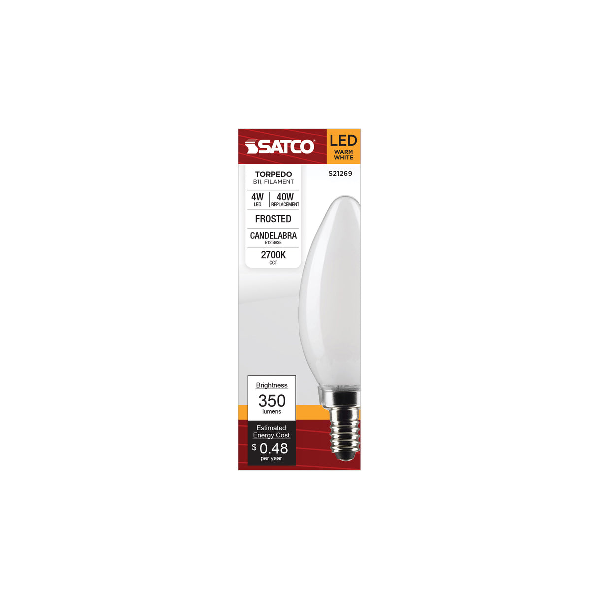 4 Watt B11 LED Filament - Frost - Candelabra base - 90 CRI - 2700K - 120 Volt
