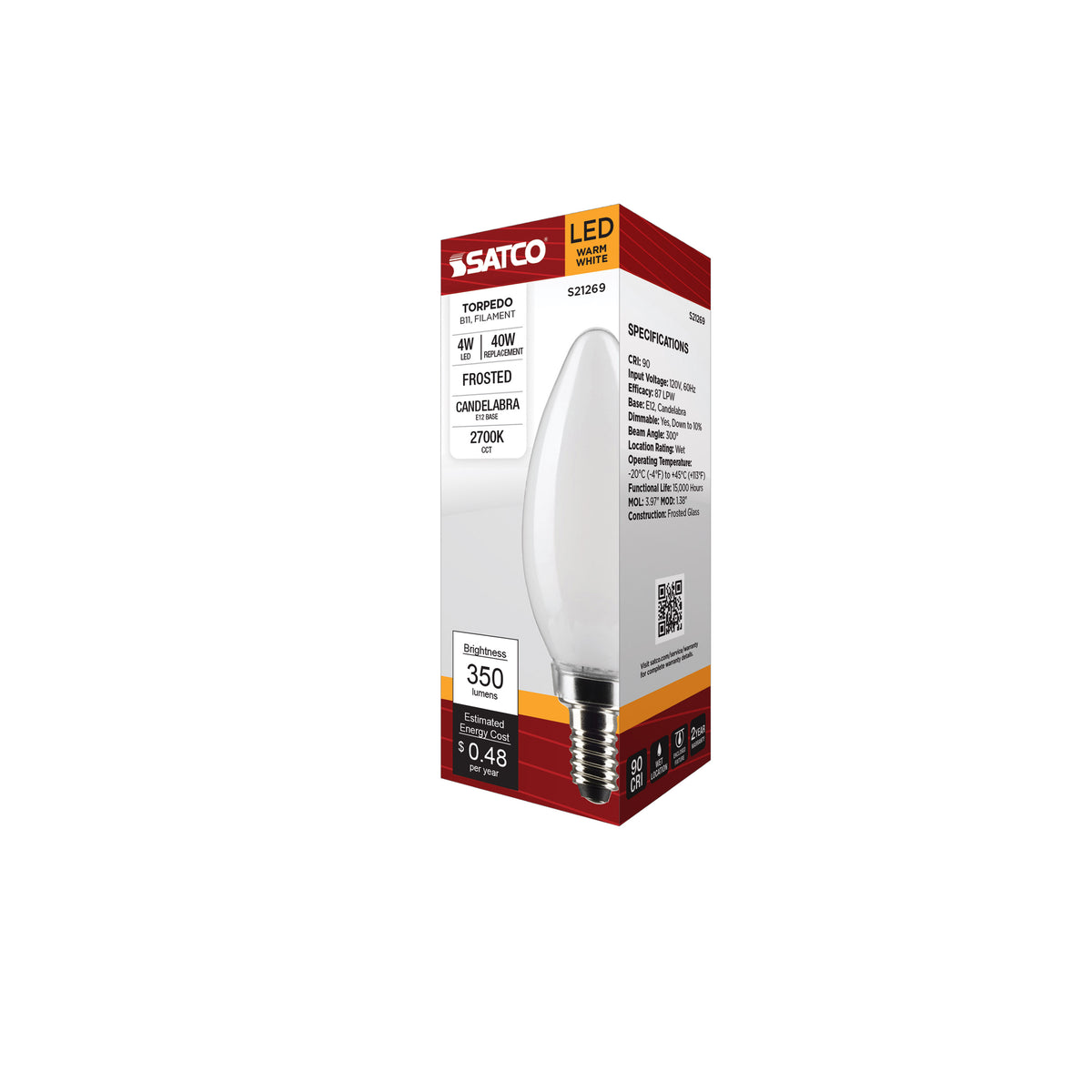 4 Watt B11 LED Filament - Frost - Candelabra base - 90 CRI - 2700K - 120 Volt