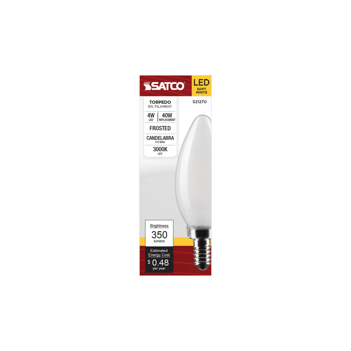 4 Watt B11 LED Filament - Frost - Candelabra base - 90 CRI - 3000K - 120 Volt
