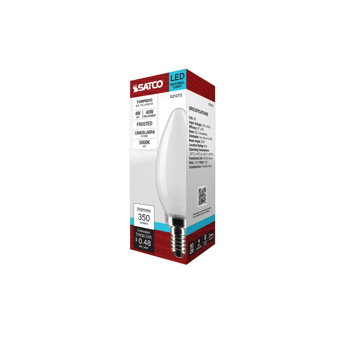 4 Watt B11 LED Filament - Frost - Candelabra base - 90 CRI - 5000K - 120 Volt