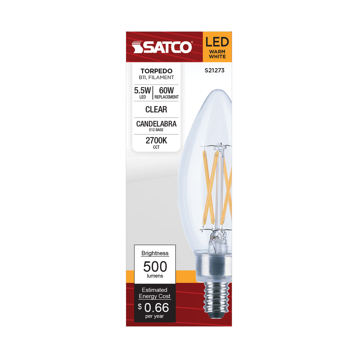 5.5 Watt B11 LED Filament - Clear - Candelabra base - 90 CRI - 2700K - 120 Volt