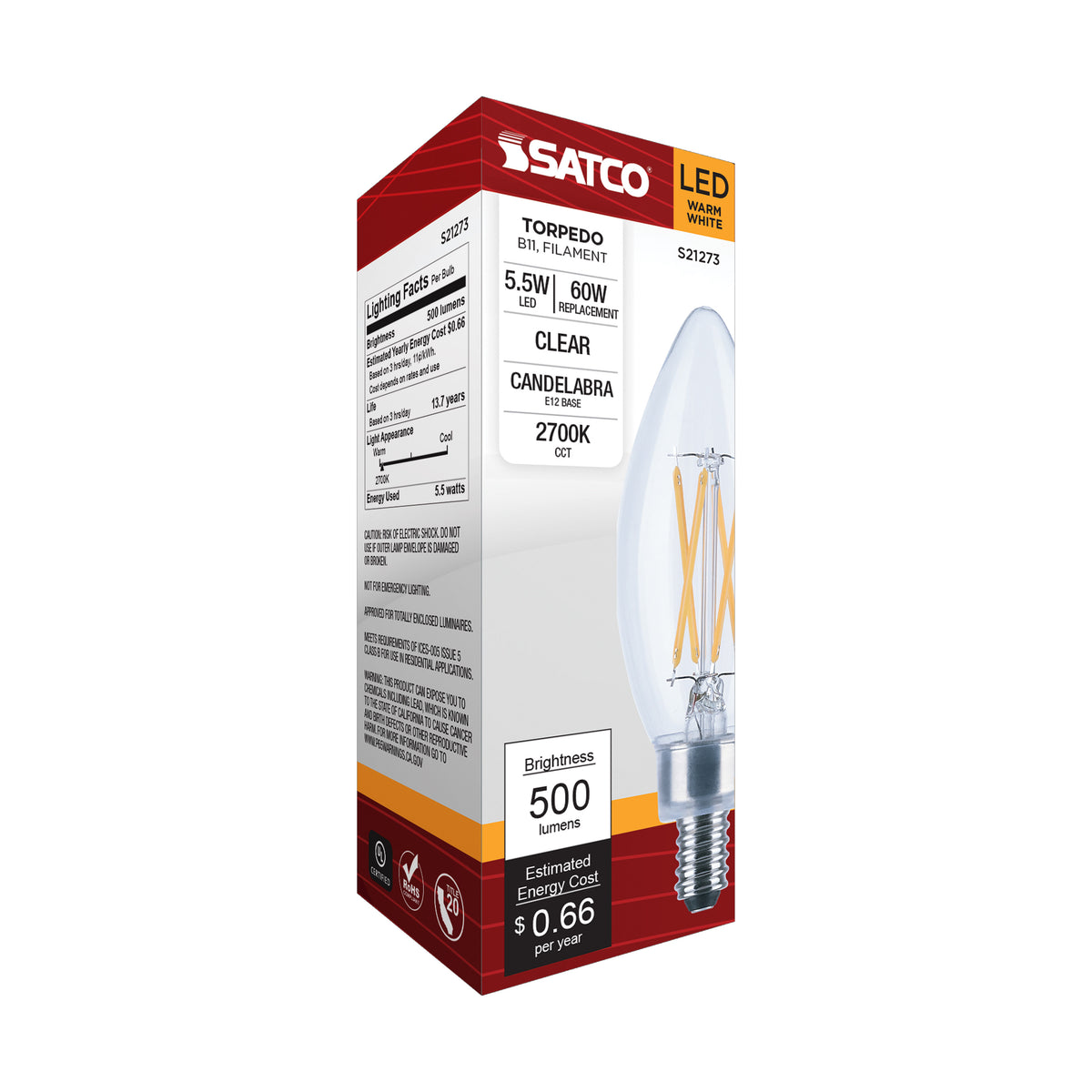 5.5 Watt B11 LED Filament - Clear - Candelabra base - 90 CRI - 2700K - 120 Volt