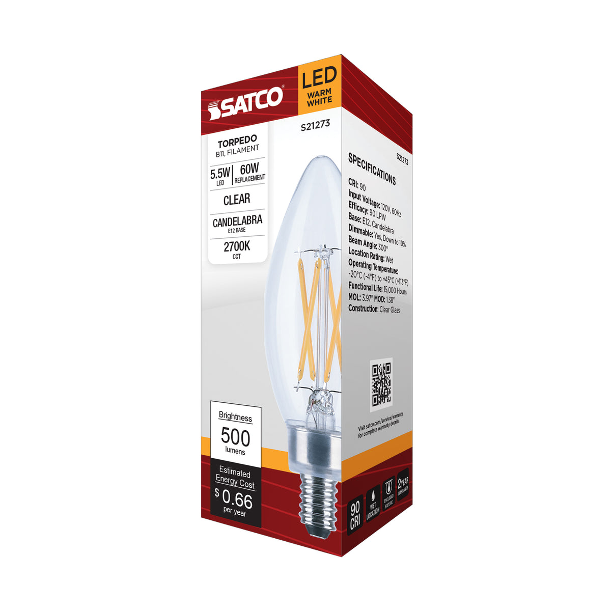 5.5 Watt B11 LED Filament - Clear - Candelabra base - 90 CRI - 2700K - 120 Volt