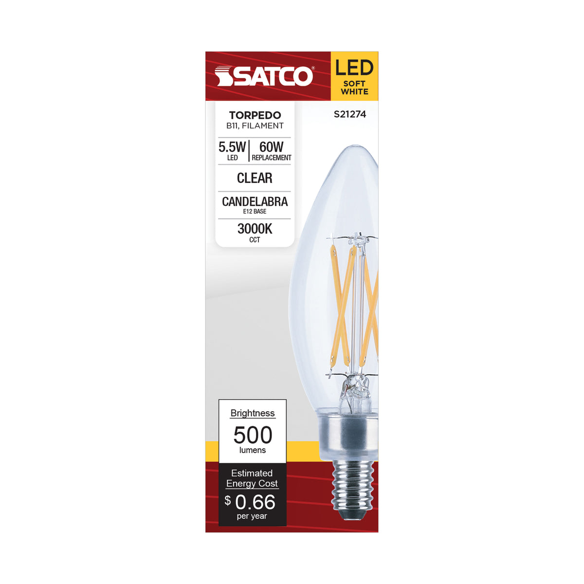 5.5 Watt B11 LED Filament - Clear - Candelabra base - 90 CRI - 3000K - 120 Volt