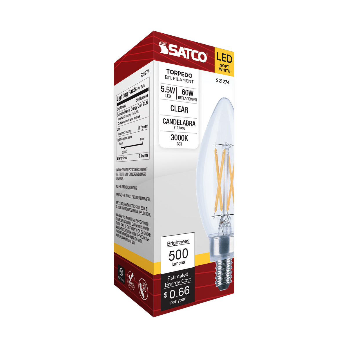 5.5 Watt B11 LED Filament - Clear - Candelabra base - 90 CRI - 3000K - 120 Volt